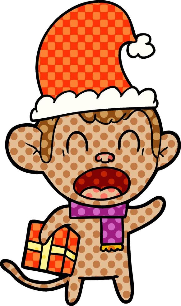 mono de dibujos animados gritando con regalo de navidad vector