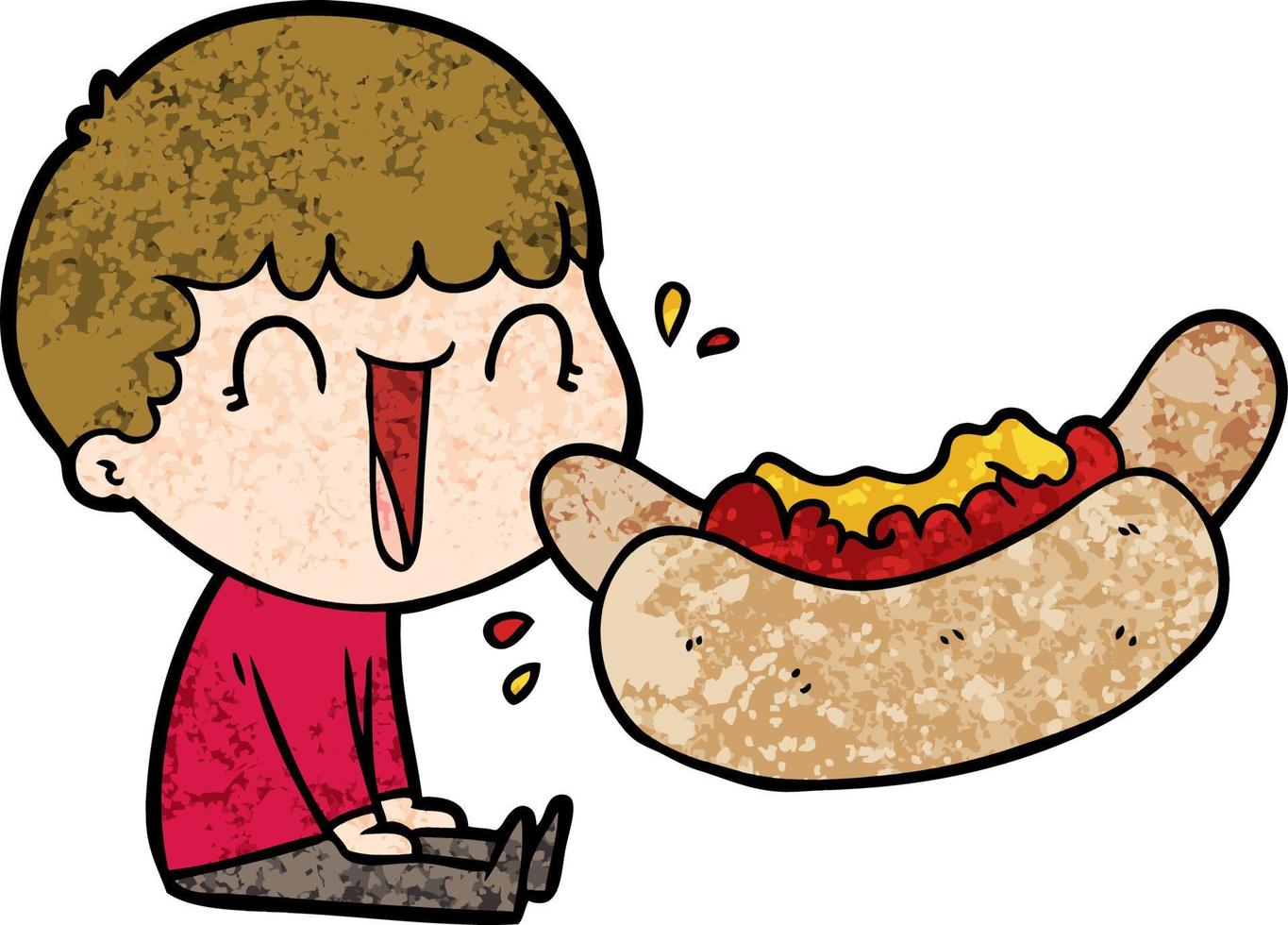 laughing cartoon man eating giant hotdog vector