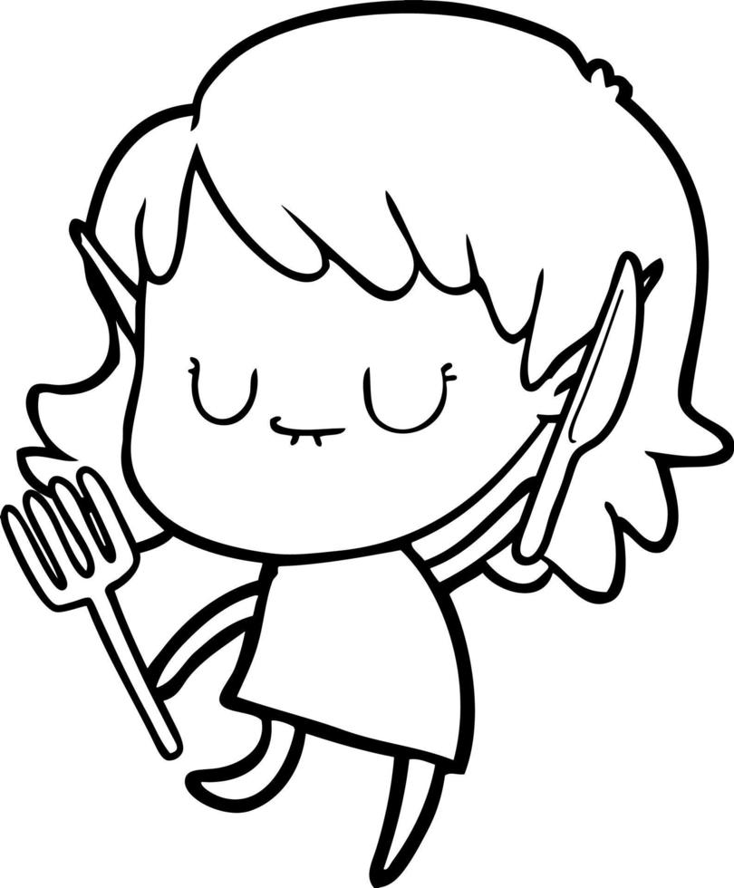 happy cartoon elf girl with knife and fork vector