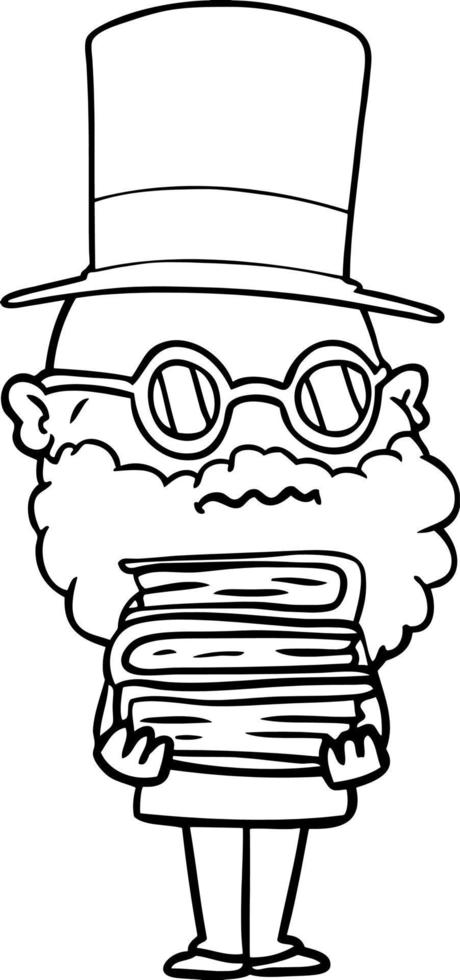 cartoon worried man with beard and stack of books vector