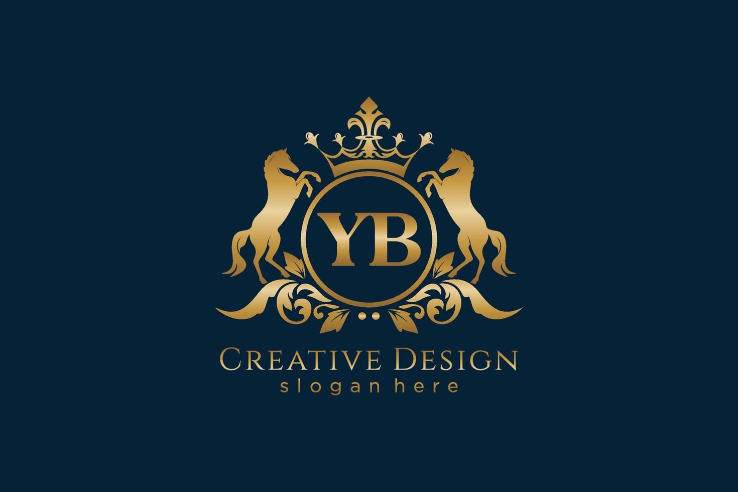 cresta dorada retro yb inicial con círculo y dos caballos, plantilla de insignia con pergaminos y corona real - perfecto para proyectos de marca de lujo vector