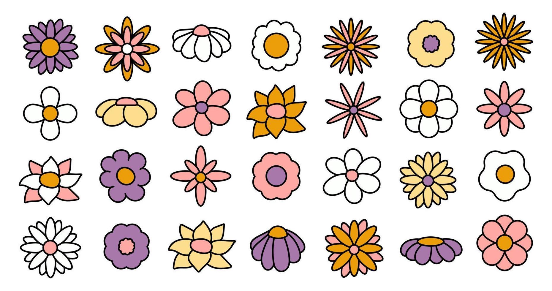 Collection of simple blooming flowers in 1970s psychedelic hippie style. Set of graphic stickers in retro design. groovy background. editable stroke isolated vector illustration