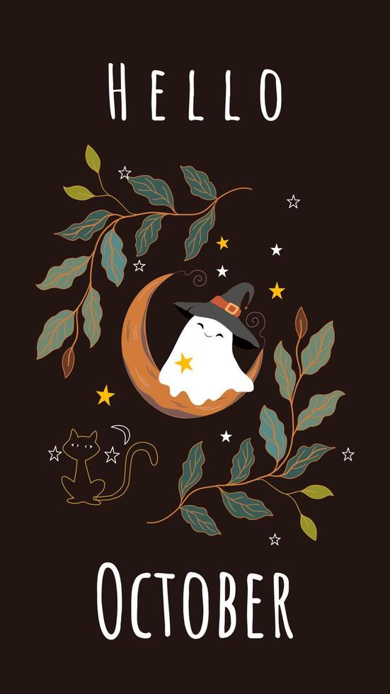 la plantilla o papel tapiz de halloween, la tierna sábana fantasma que usa un sombrero de bruja negro, un gato negro y hojas coloridas de otoño. vector