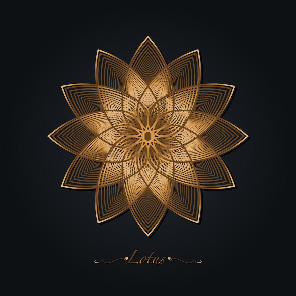 flor de loto dorado, mandala de geometría sagrada, adorno de forja circular, logotipo floral de arte de líneas doradas. símbolos de flor de yoga, spa, salón de belleza, cosméticos, relajación, estilo de marca. vector aislado