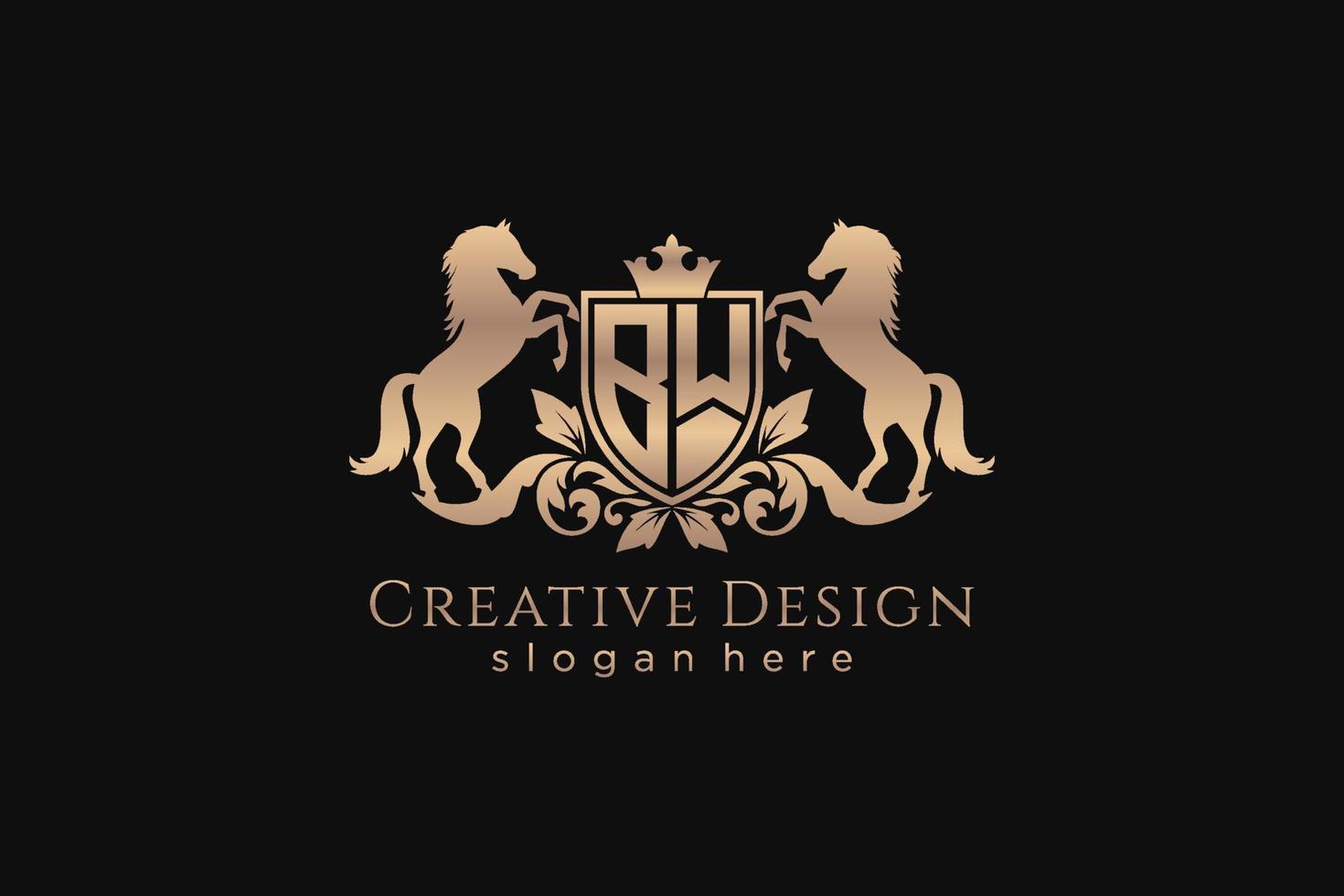 initial BW Retro golden crest with shield and two horses, badge template with scrolls and royal crown - perfect for luxurious branding projects vector