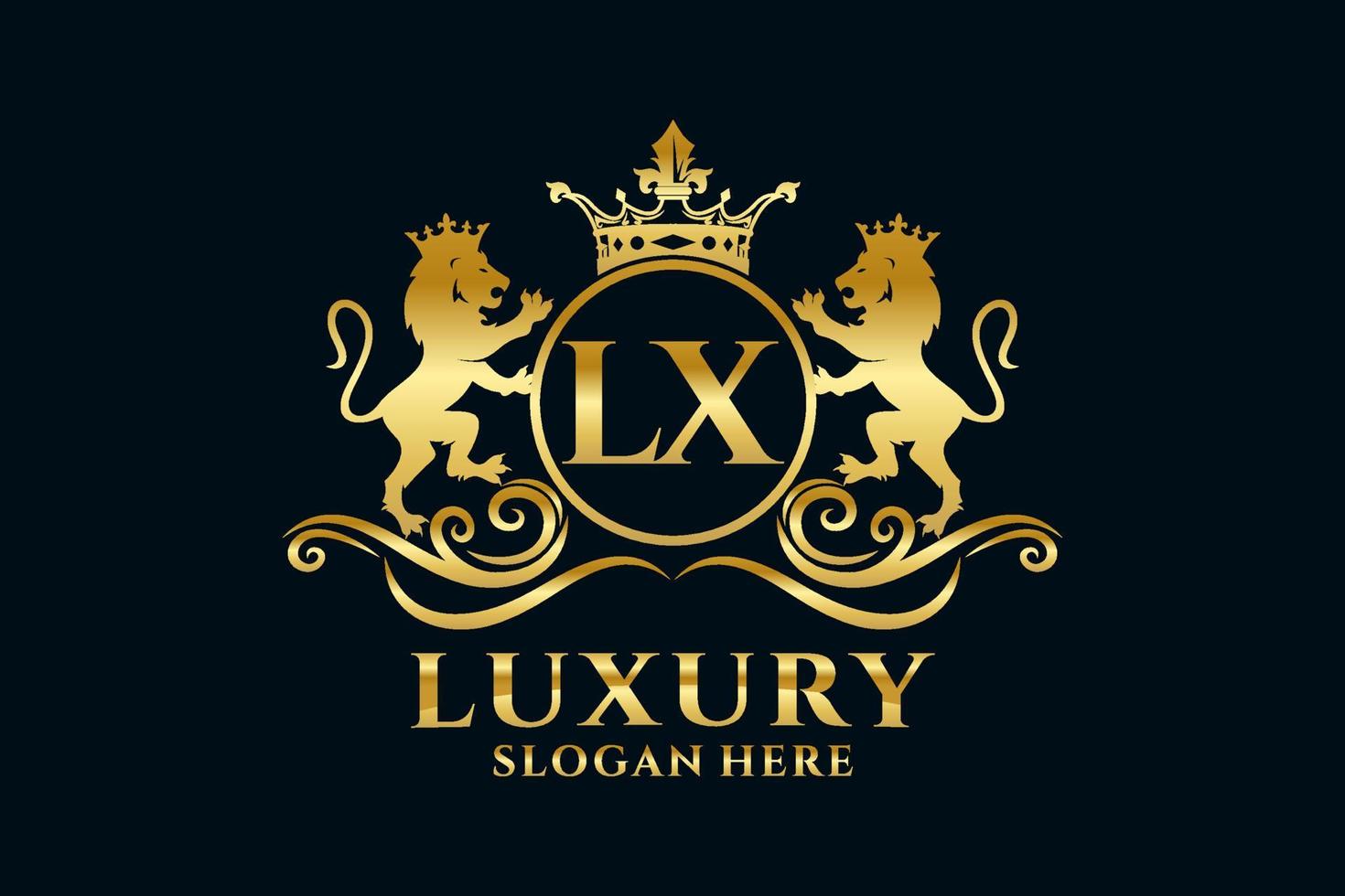 Initial LX Letter Lion Royal Luxury Logo template in vector art for luxurious branding projects and other vector illustration.