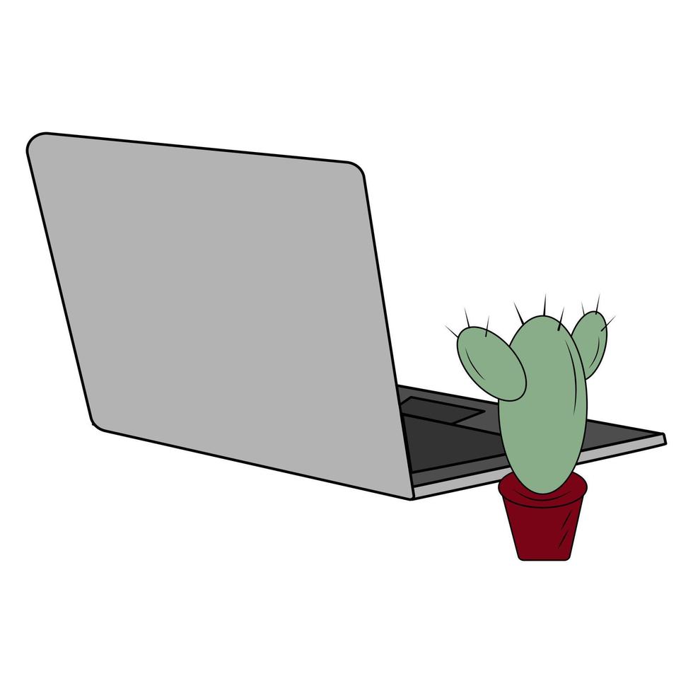 Isometric laptop and cactus in a flower pot in trendy shades on a transparent background. Sticker vector