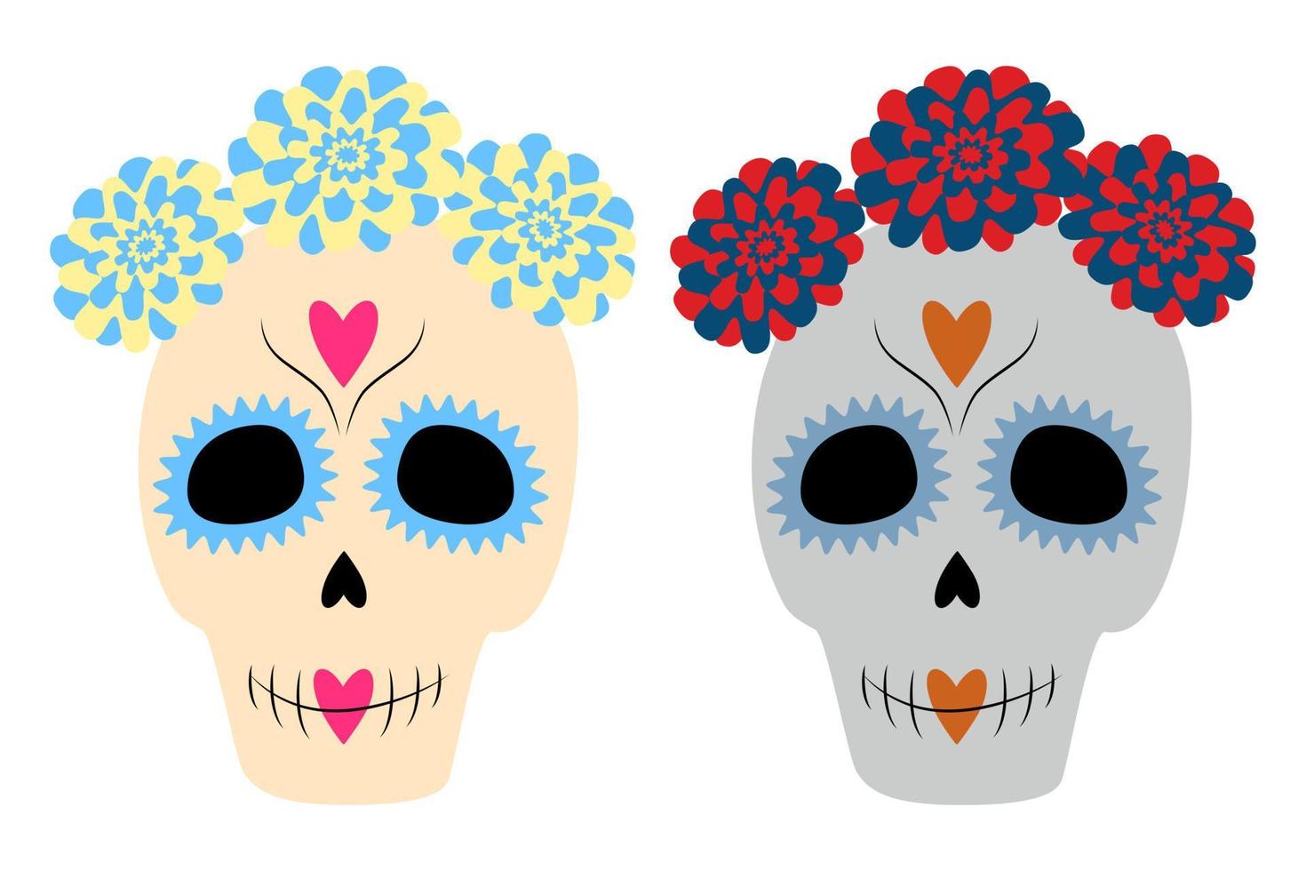 conjunto de calaveras de azúcar con una corona de flores. día de los muertos. México. pegatina. dia de los Muertos vector