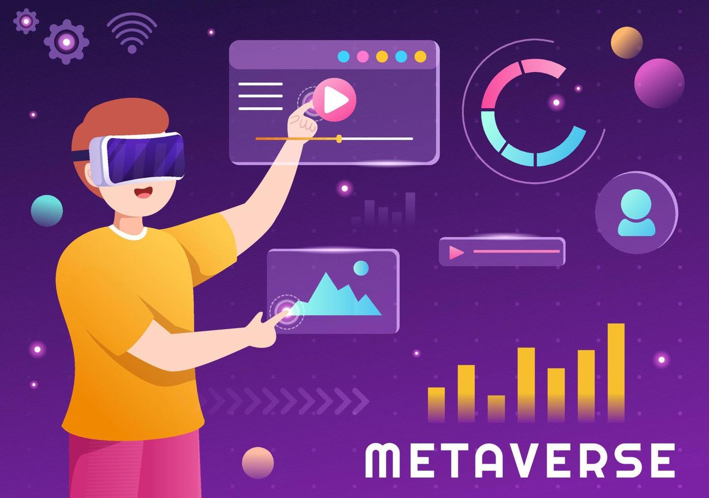 Metaverse Digital Virtual Reality Technology wears VR Glasses for Future Innovation and Communication in Hand Drawn Flat Cartoon Illustration vector