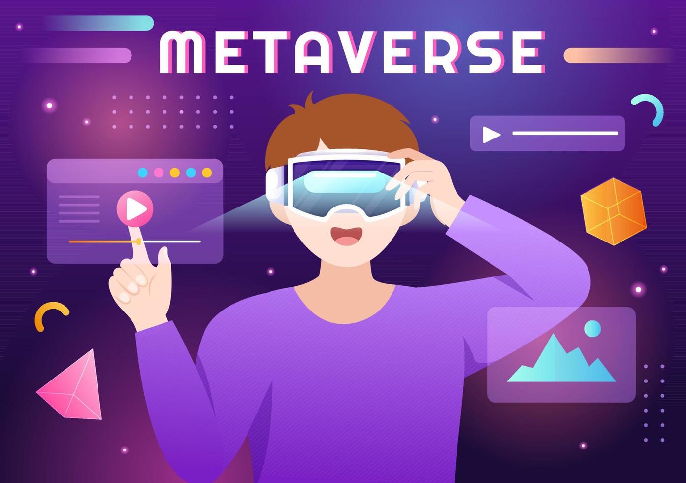 Metaverse Digital Virtual Reality Technology wears VR Glasses for Future Innovation and Communication in Hand Drawn Flat Cartoon Illustration vector