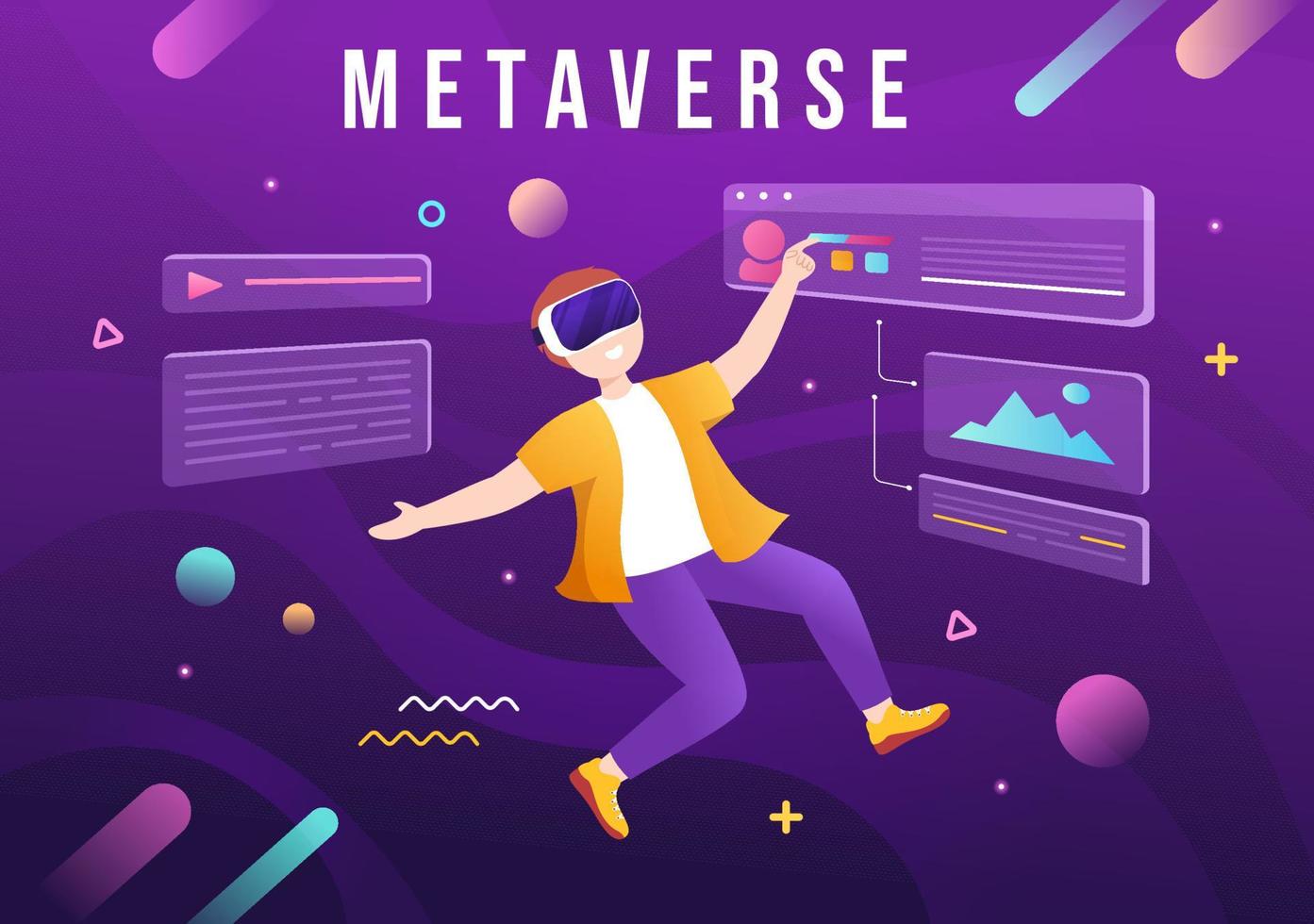 Metaverse Digital Virtual Reality Technology wears VR Glasses for Future Innovation and Communication in Hand Drawn Flat Cartoon Illustration vector