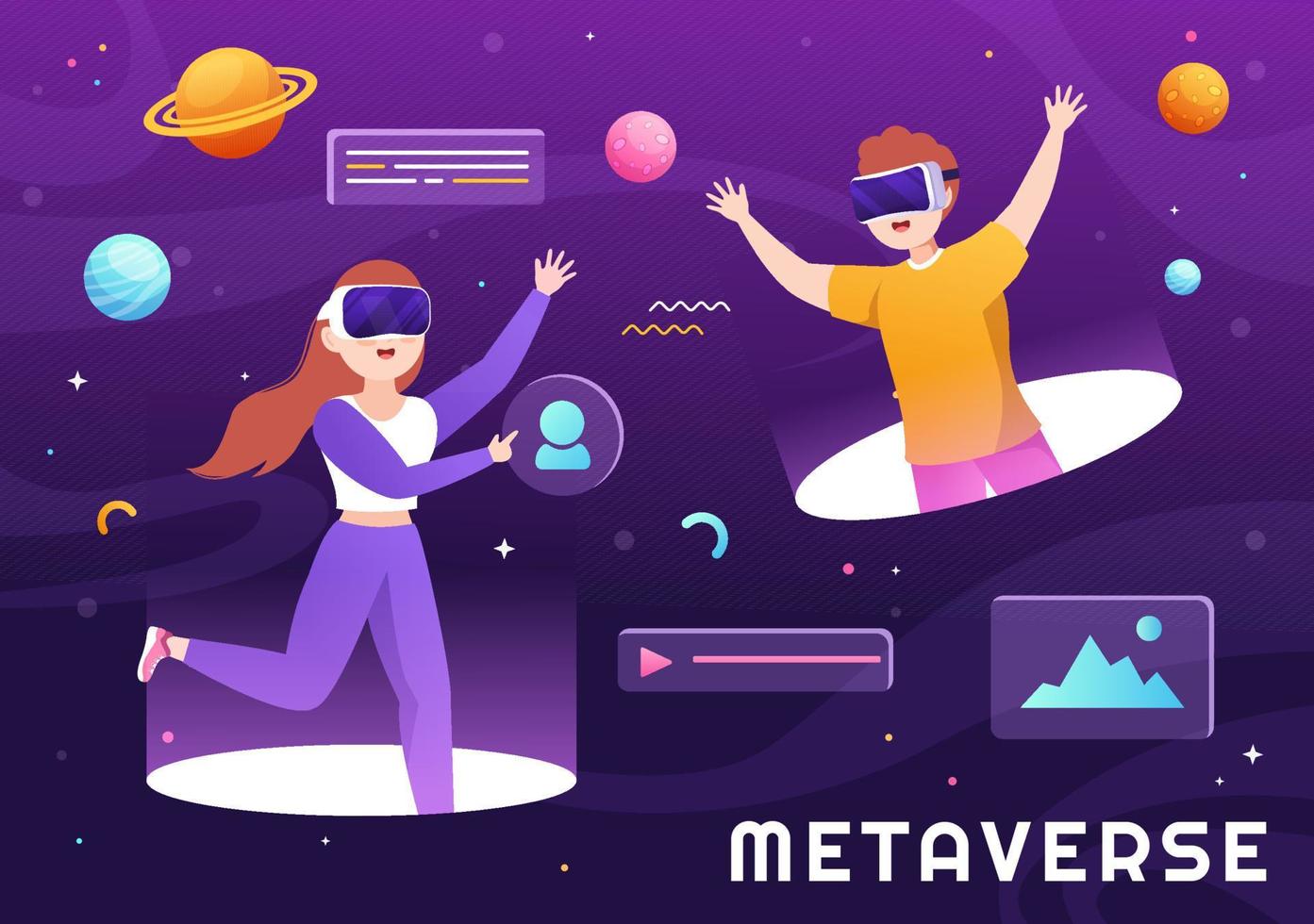 la tecnología de realidad virtual digital metaverse usa gafas vr para futuras innovaciones y comunicaciones en dibujos animados planos dibujados a mano vector