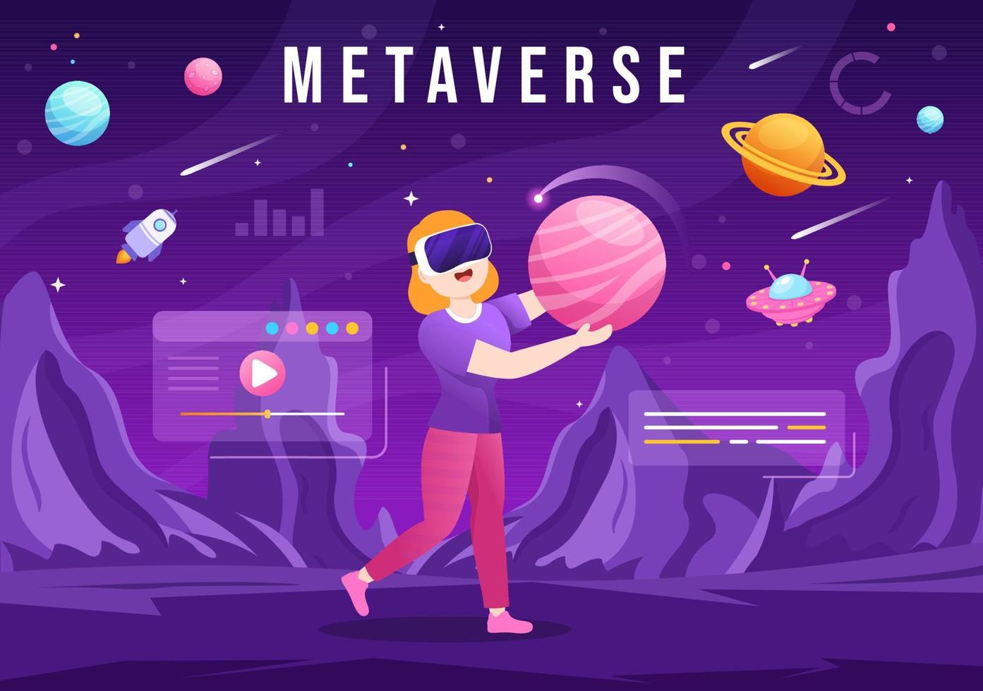 Metaverse Digital Virtual Reality Technology wears VR Glasses for Future Innovation and Communication in Hand Drawn Flat Cartoon Illustration vector