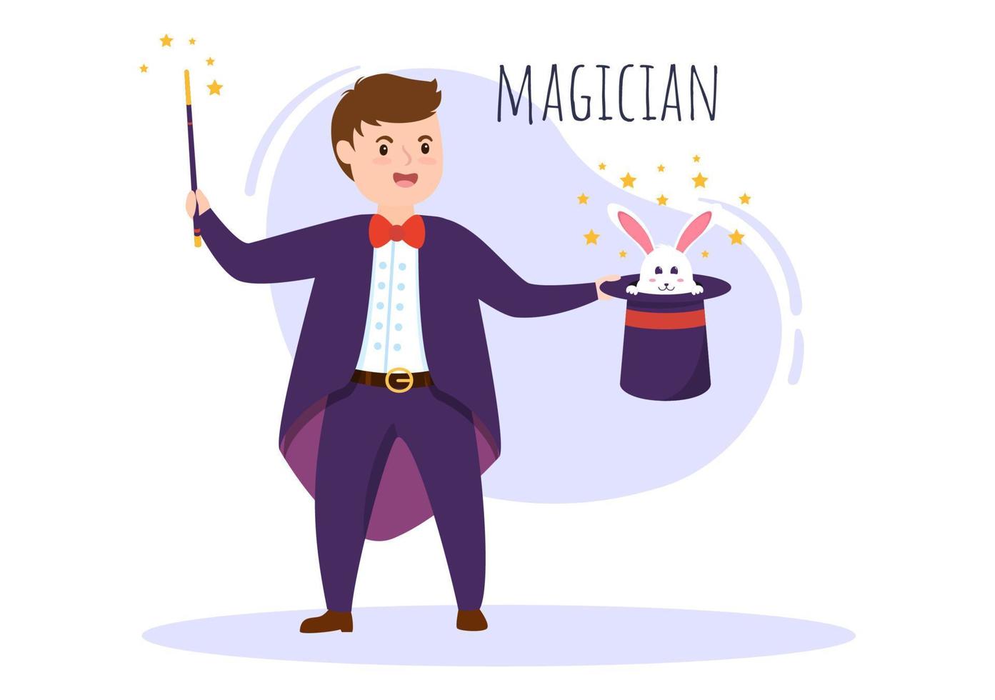 Magician Illusionist Conjuring Tricks and Waving a Magic Wand above his Mysterious Hat on a Stage in Template Hand Drawn Cartoon Flat Illustration vector