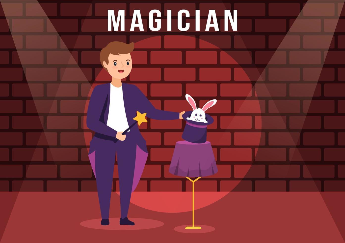 Magician Illusionist Conjuring Tricks and Waving a Magic Wand above his Mysterious Hat on a Stage in Template Hand Drawn Cartoon Flat Illustration vector