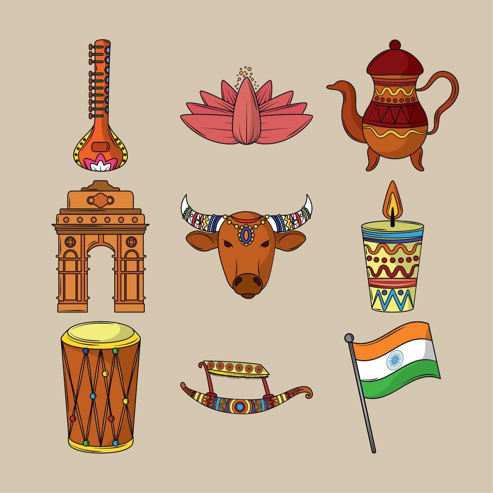 icono de objetos indios tradicionales vector