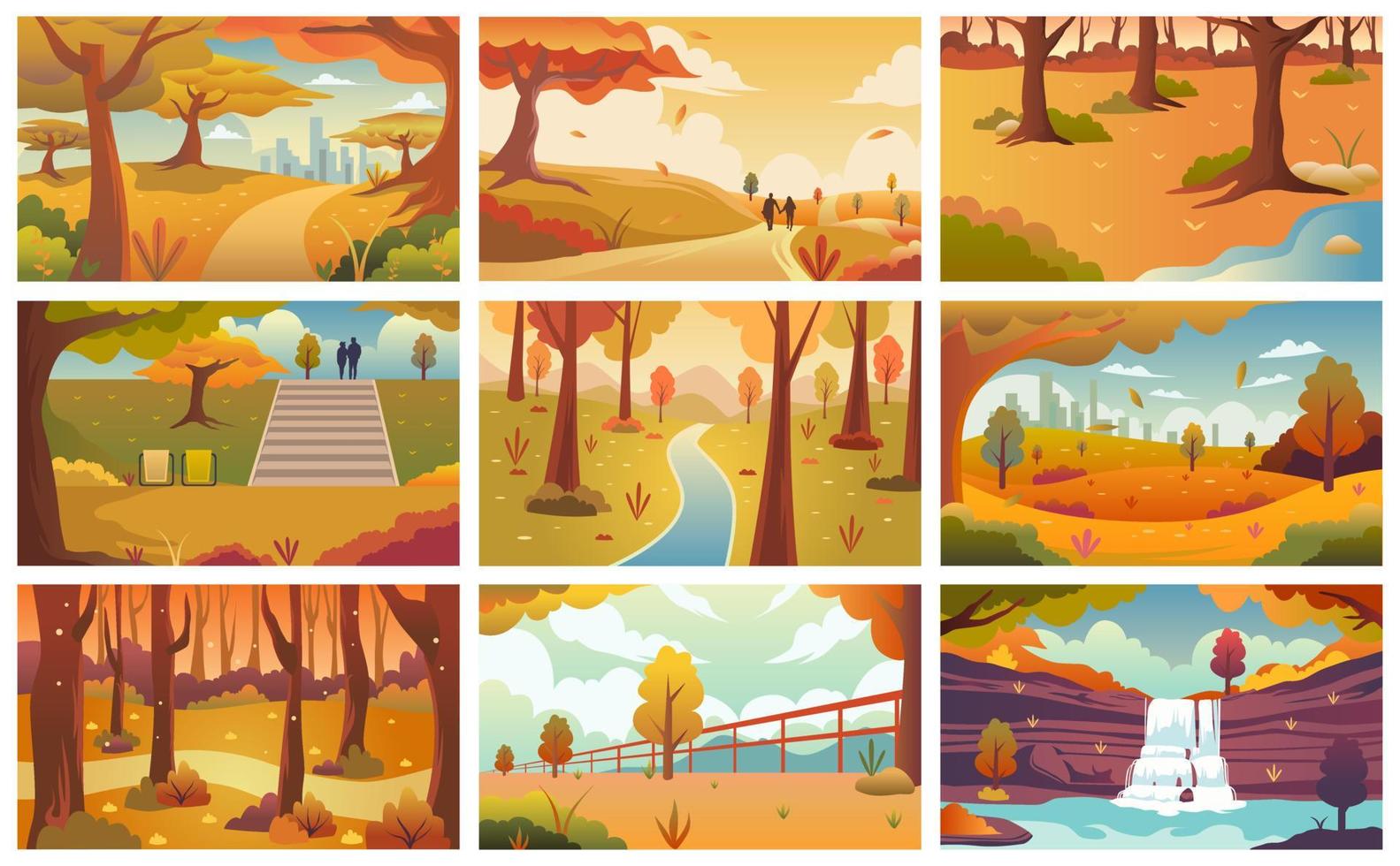 paquete de fondo del paisaje otoñal, conjunto de pancartas otoñales, paquete de ilustración otoñal, arte otoñal y vector de ilustración