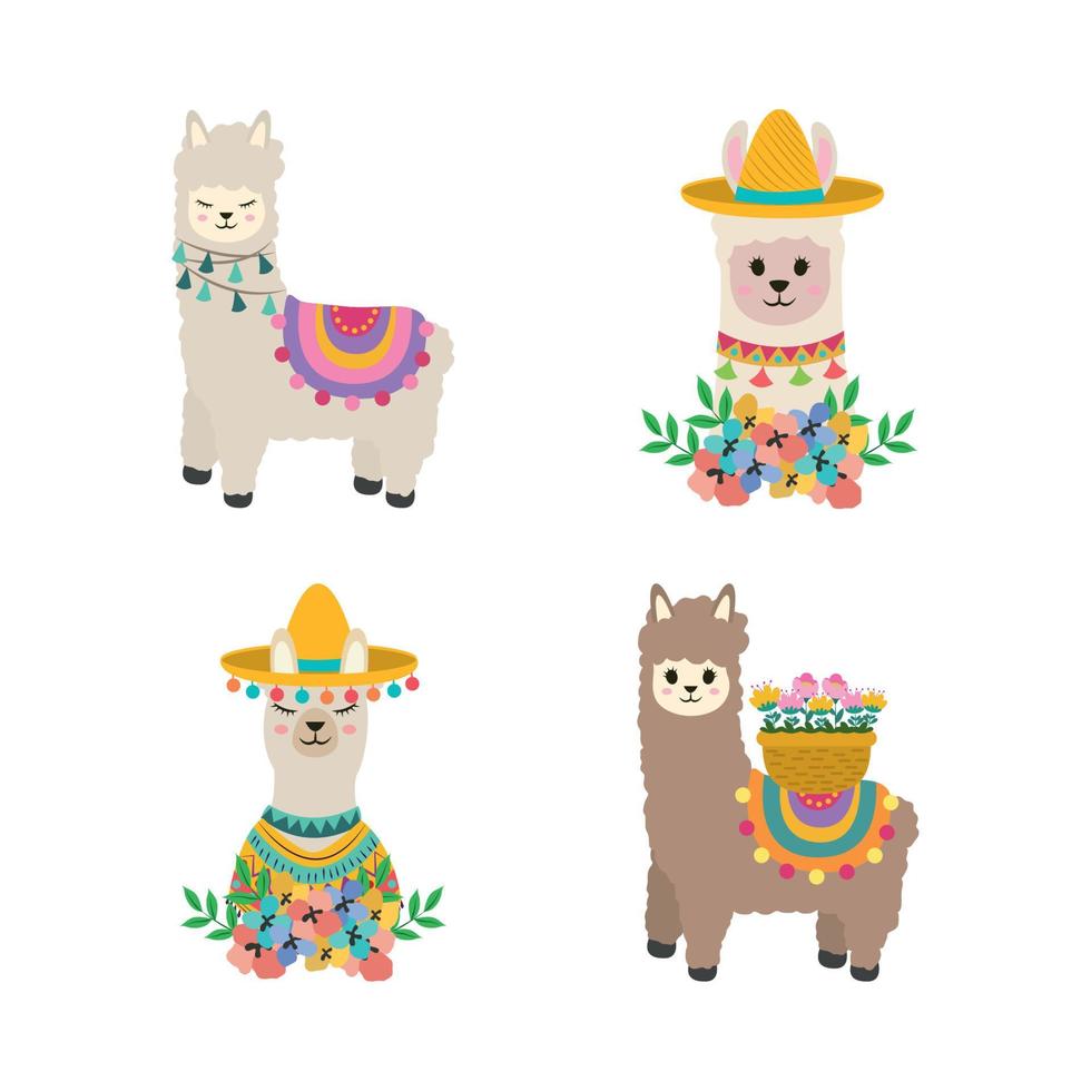 cartoon llamas flowers vector