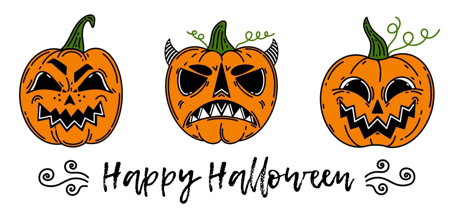 conjunto de iconos de vector de calabaza de vacaciones. linterna jack aislado en blanco. cara divertida, malvada y sonriente en una verdura. feliz halloween, símbolo de otoño. clipart plano de dibujos animados para el diseño de camisetas, carteles, tarjetas