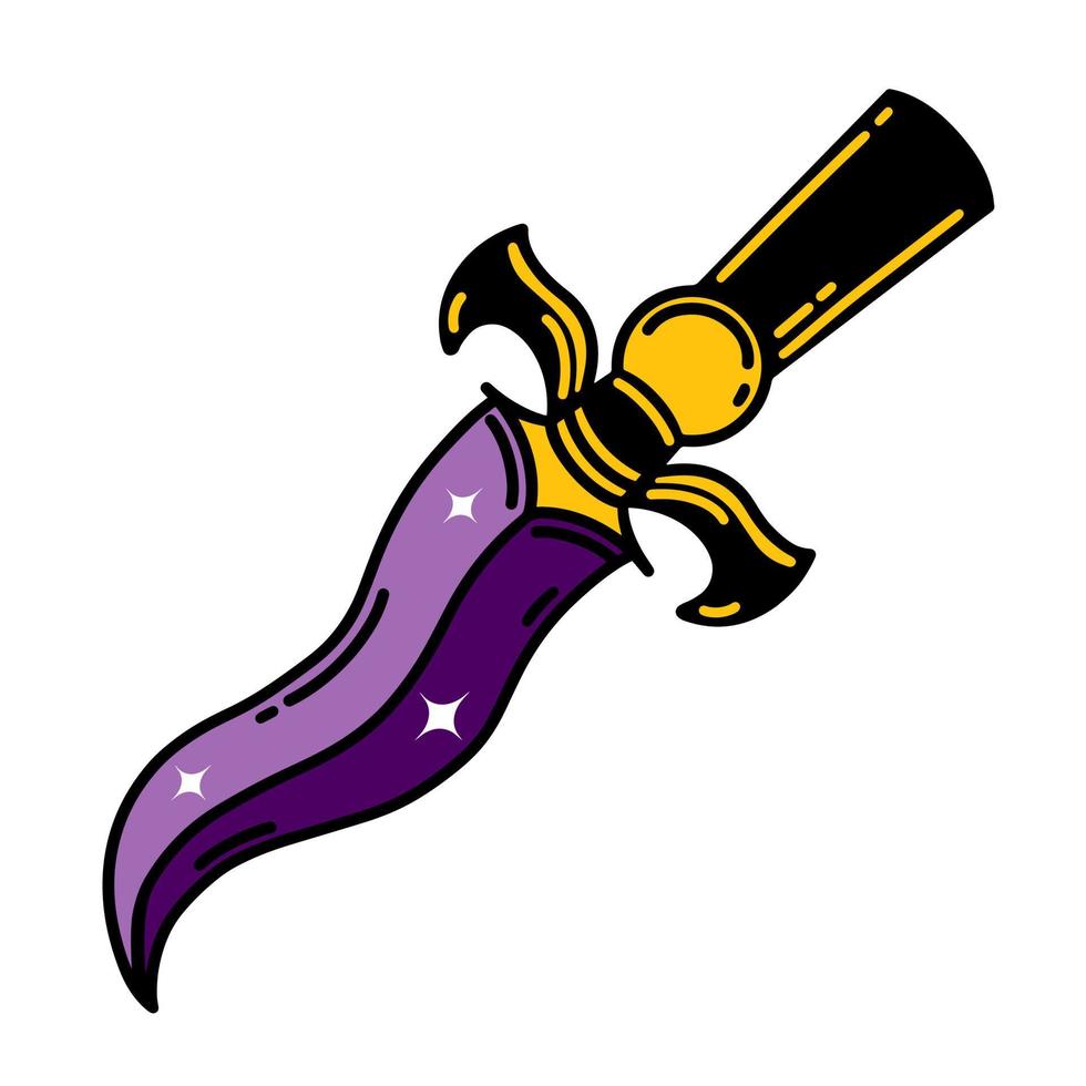 Ritual dagger vector icon. Shining occult knife with a sharp blade, golden handle. Purple stiletto, magical witch sword. Flat cartoon clipart. Weapon sketch. Illustration for logo, web, apps, posters