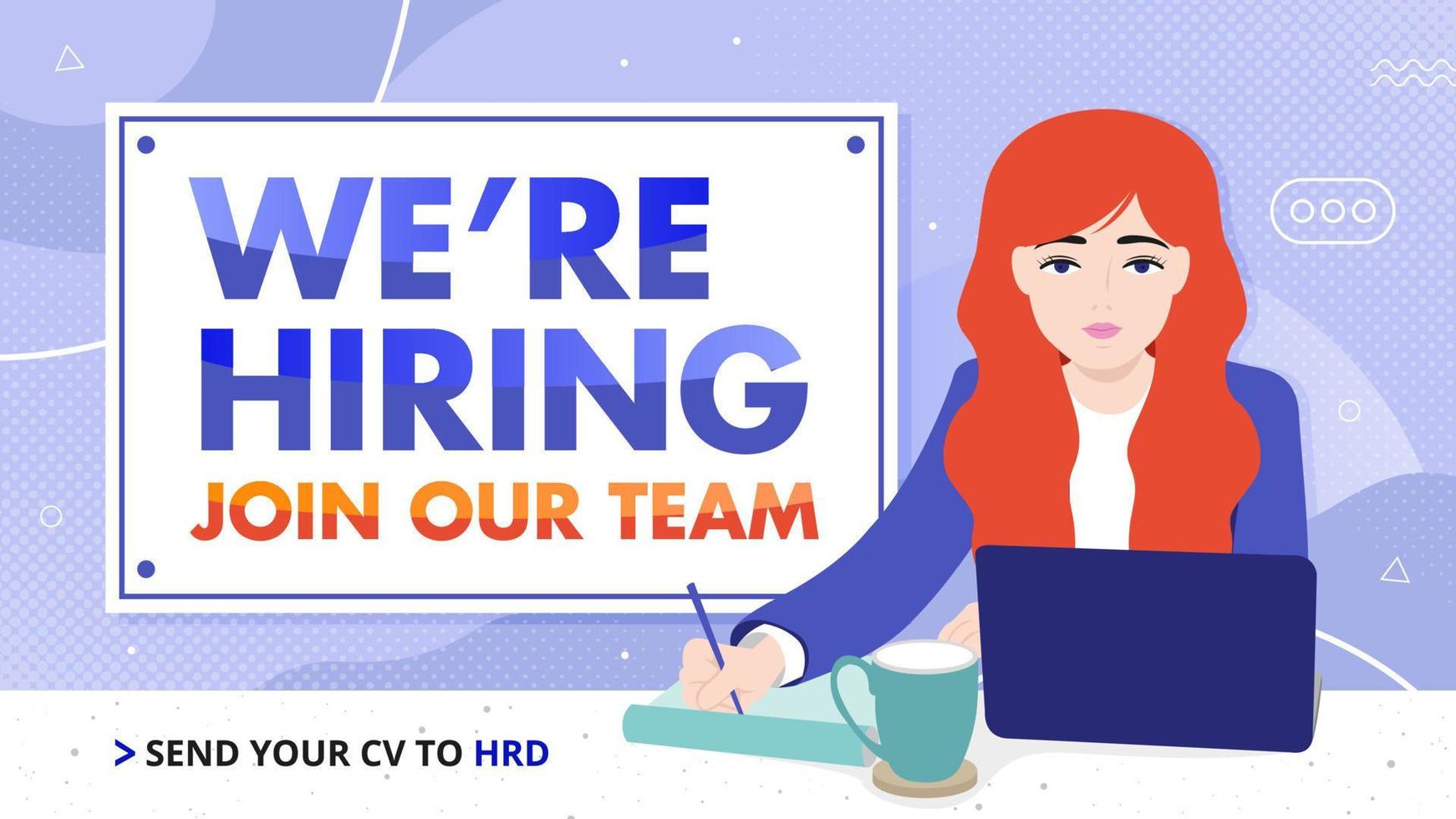 We are hiring banner design with pretty woman illustration vector