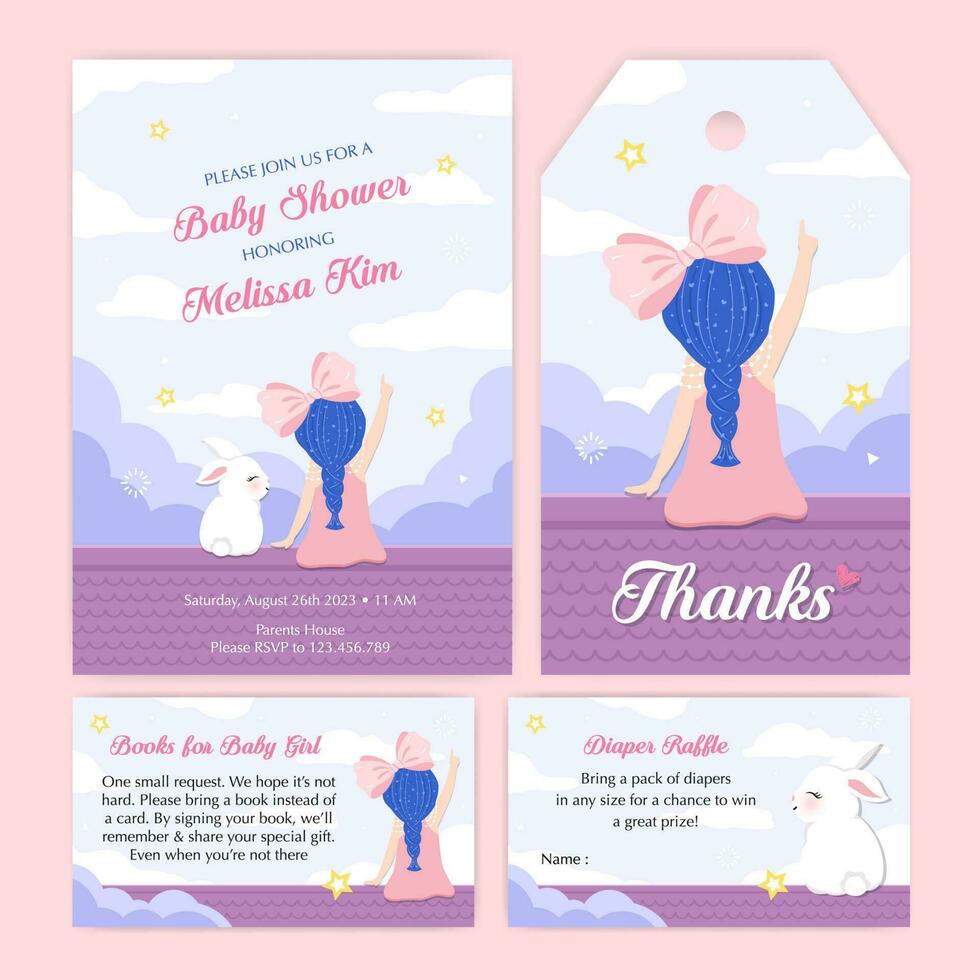 conjunto de invitación de baby girl shower con linda chica y conejito blanco vector