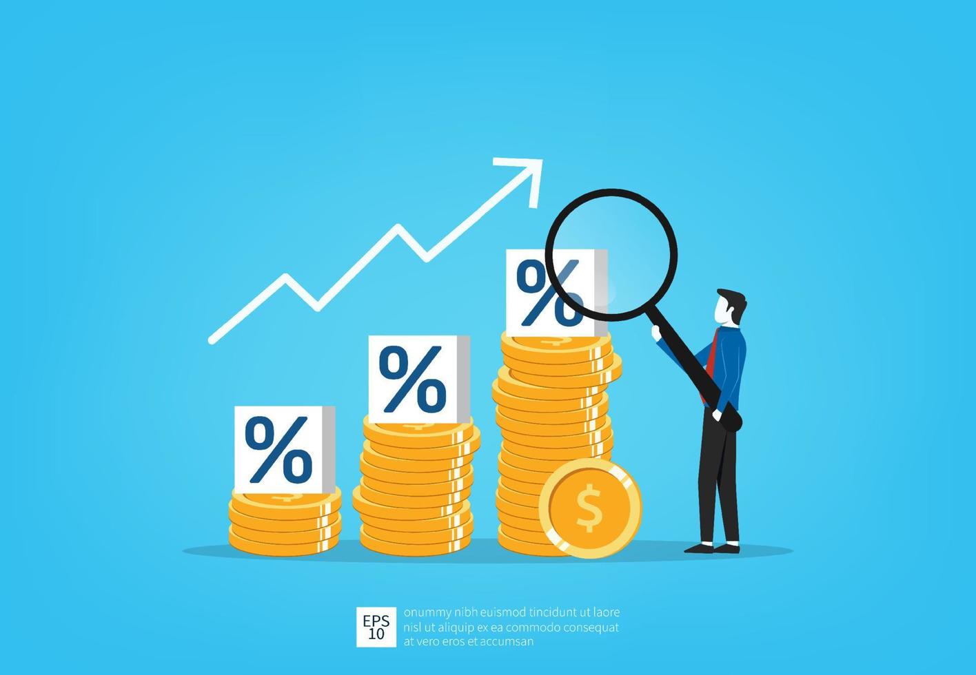 aumento de la tasa de interés debido al aumento del porcentaje de inflación, el hombre de negocios sostiene la lupa con el símbolo de la pila de monedas, la ilustración del concepto de negocio vector