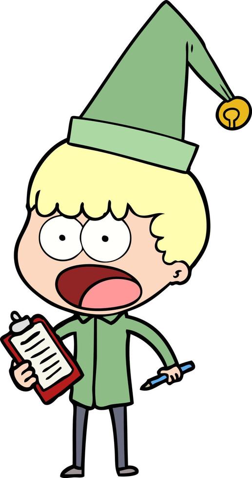 cartoon shocked xmas elf with clipboard and pen vector