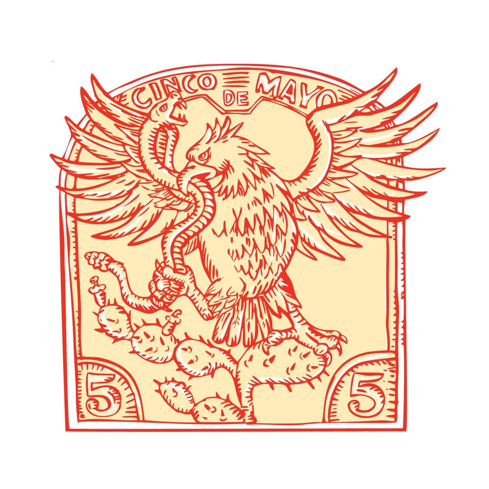 Mexican Eagle Devouring Snake Etching vector