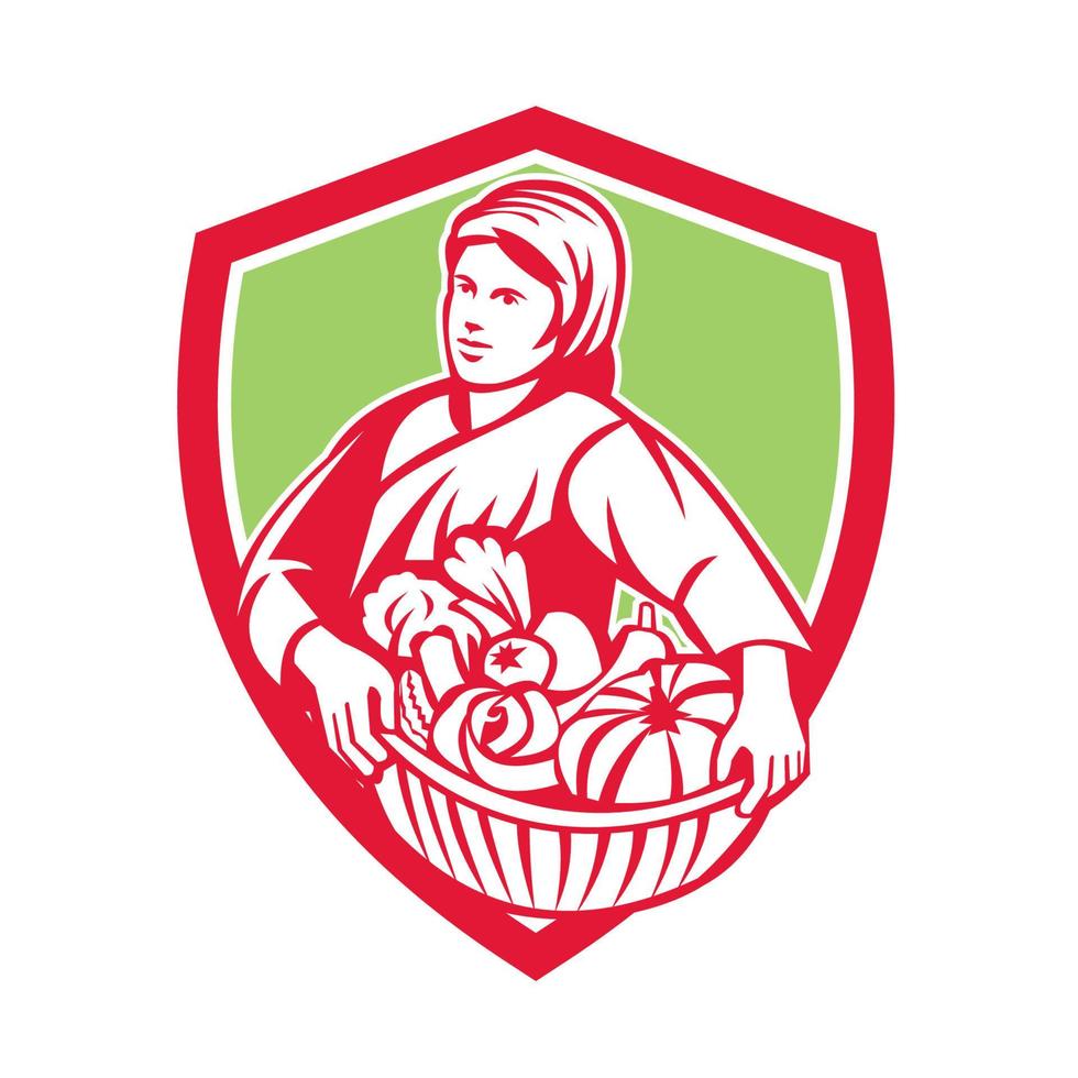 mujer agricultora orgánica cesta cosecha escudo retro vector