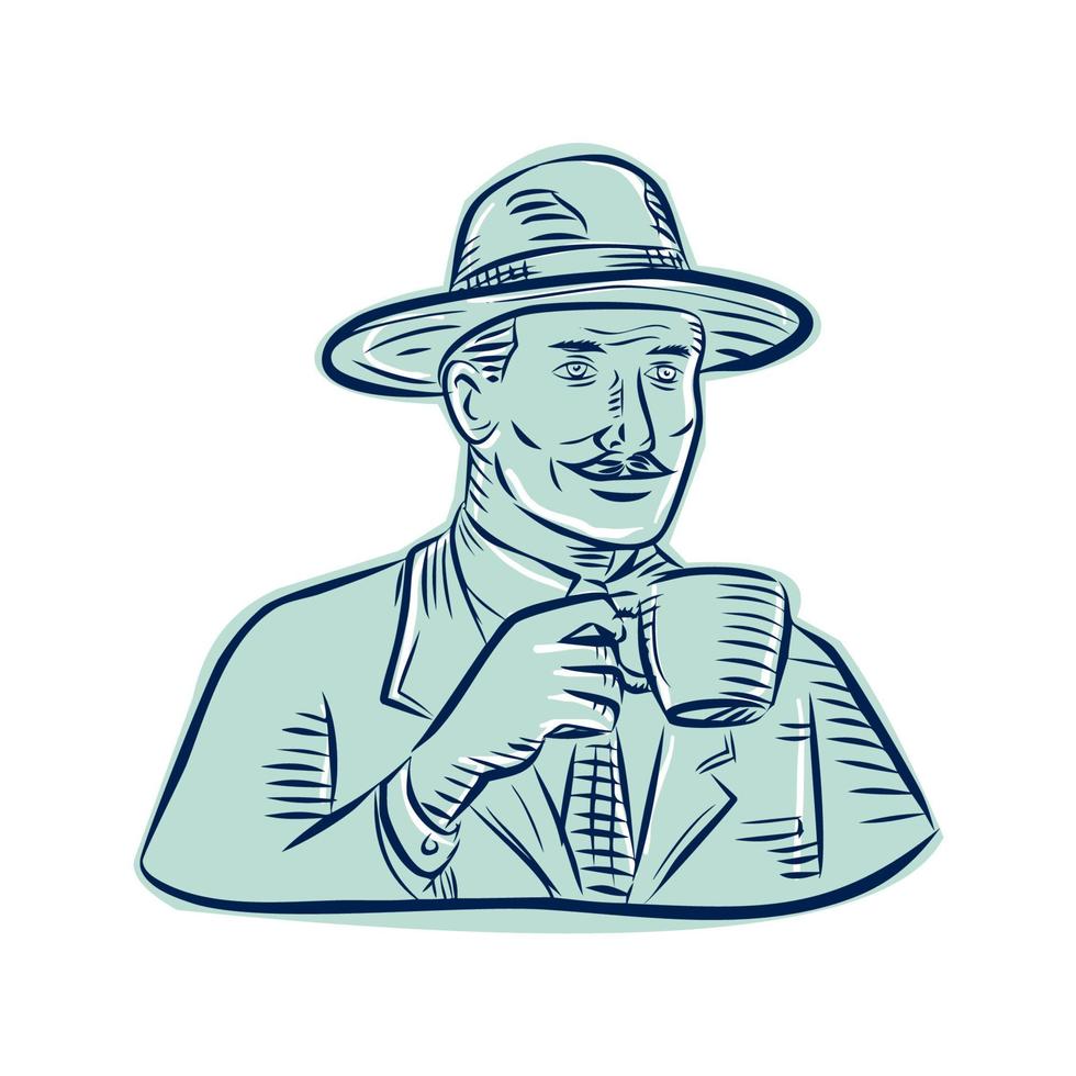 hombre sombrero fedora bebiendo café grabado vector