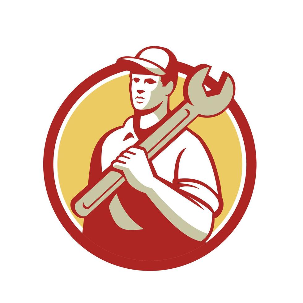 Mechanic Worker Holding Spanner Circle Retro vector