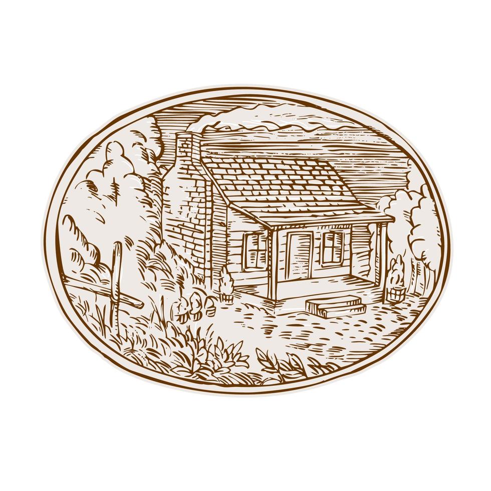 Log Cabin Farm House Oval Etching vector