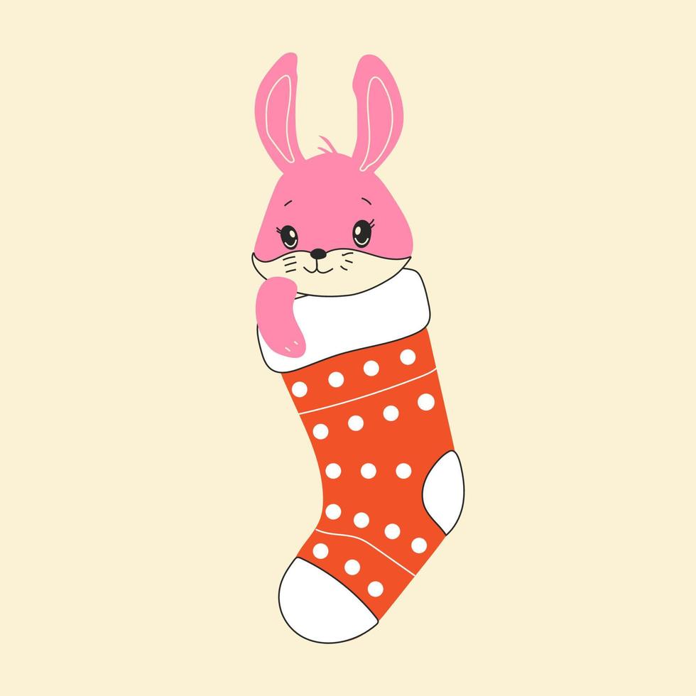 el conejito de navidad está sentado en un calcetín de navidad para regalos. vector de icono, vector de imágenes prediseñadas, dibujado a mano