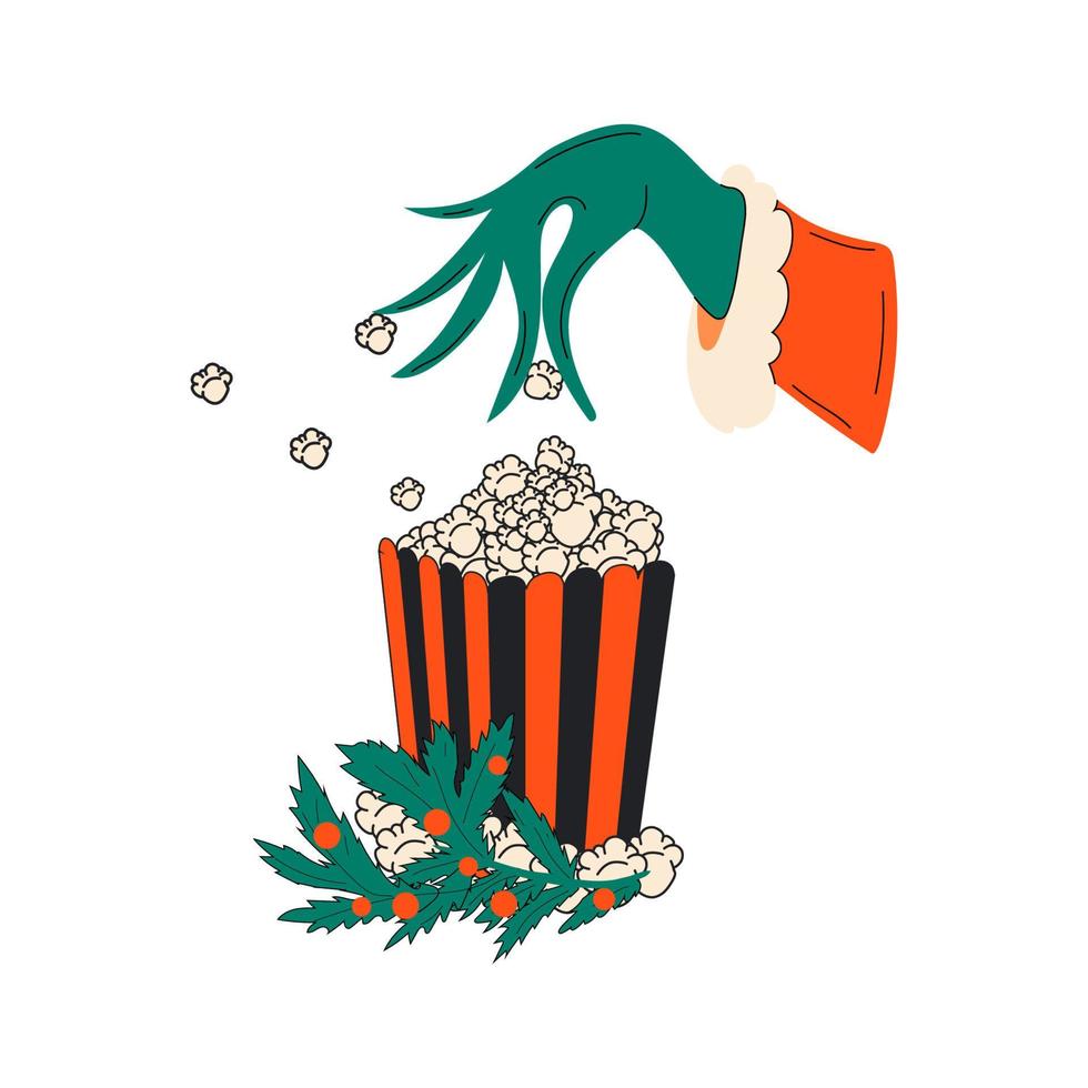 Grinch's hand takes popcorn. The concept of watching a Christmas movie. Vector on isolated background, icon vector, clip art vector, hand drawn