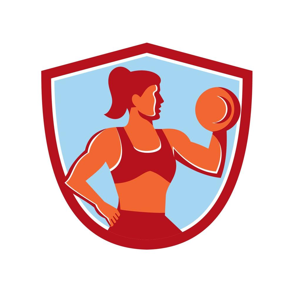 Female Lifting Dumbbell Shield Retro vector