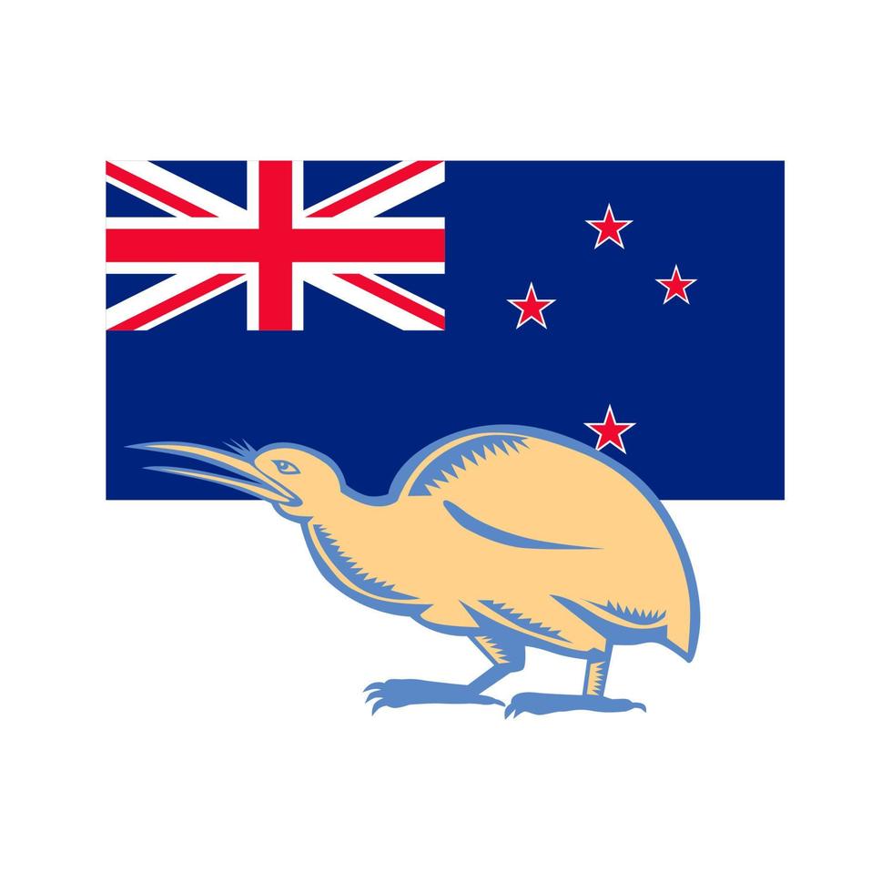 kiwi pájaro nz bandera xilografía vector