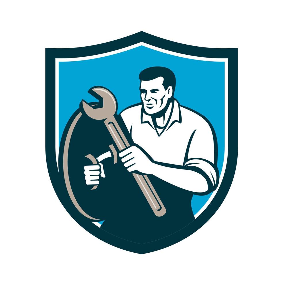 Mechanic Brandishing Spanner Wrench Shield Retro vector