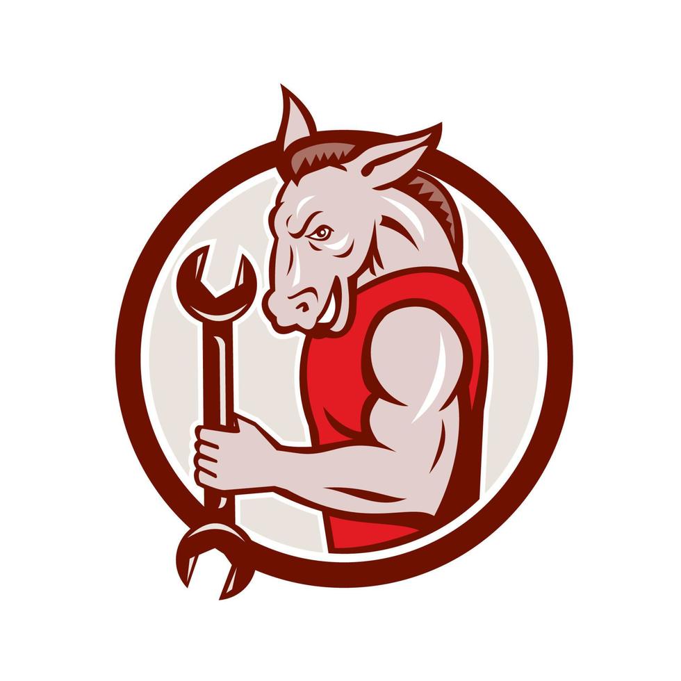 Donkey Mechanic Spanner Mascot Circle Retro vector