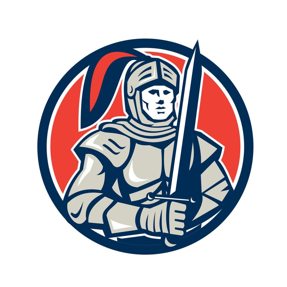 Knight Full Armor With Sword Circle Retro vector