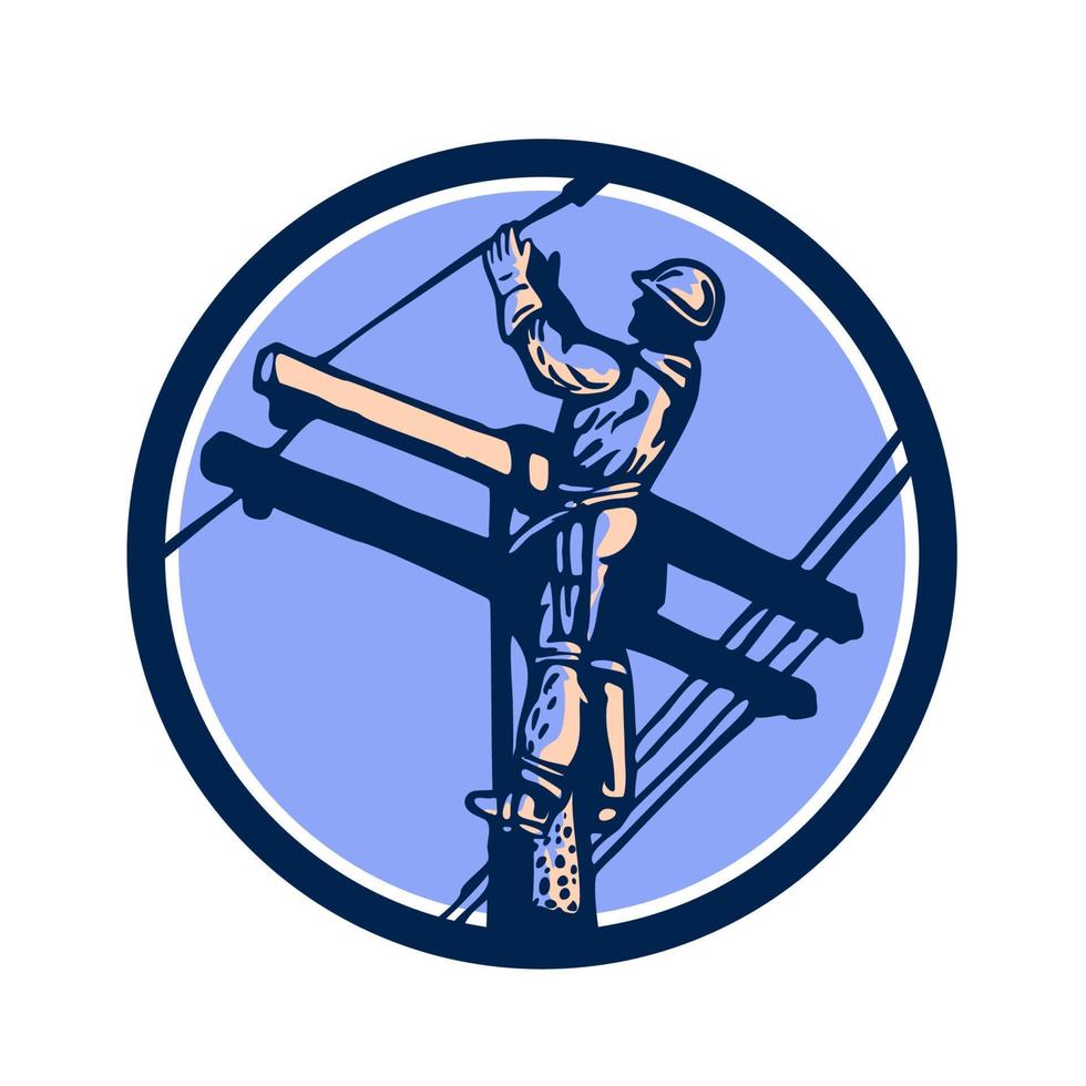 Power Lineman Repairman Climb Pole Retro Circle vector