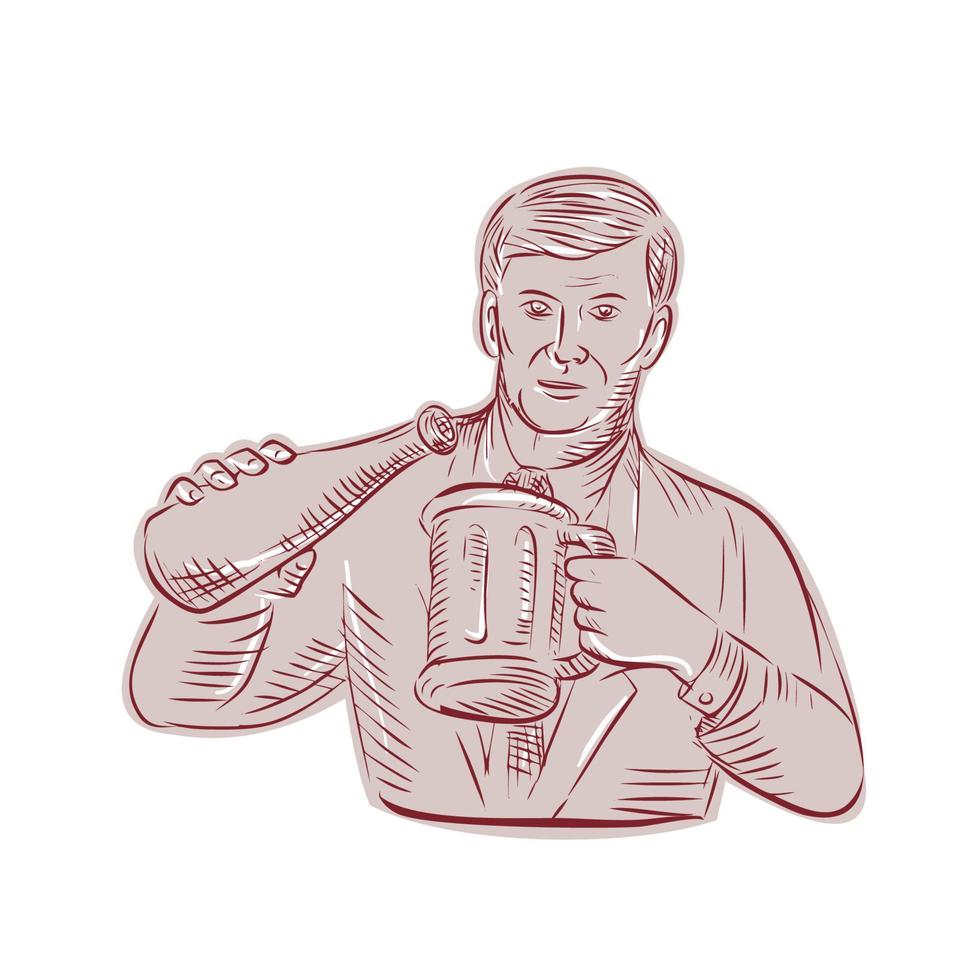 Man Pouring Beer Mug Etching vector