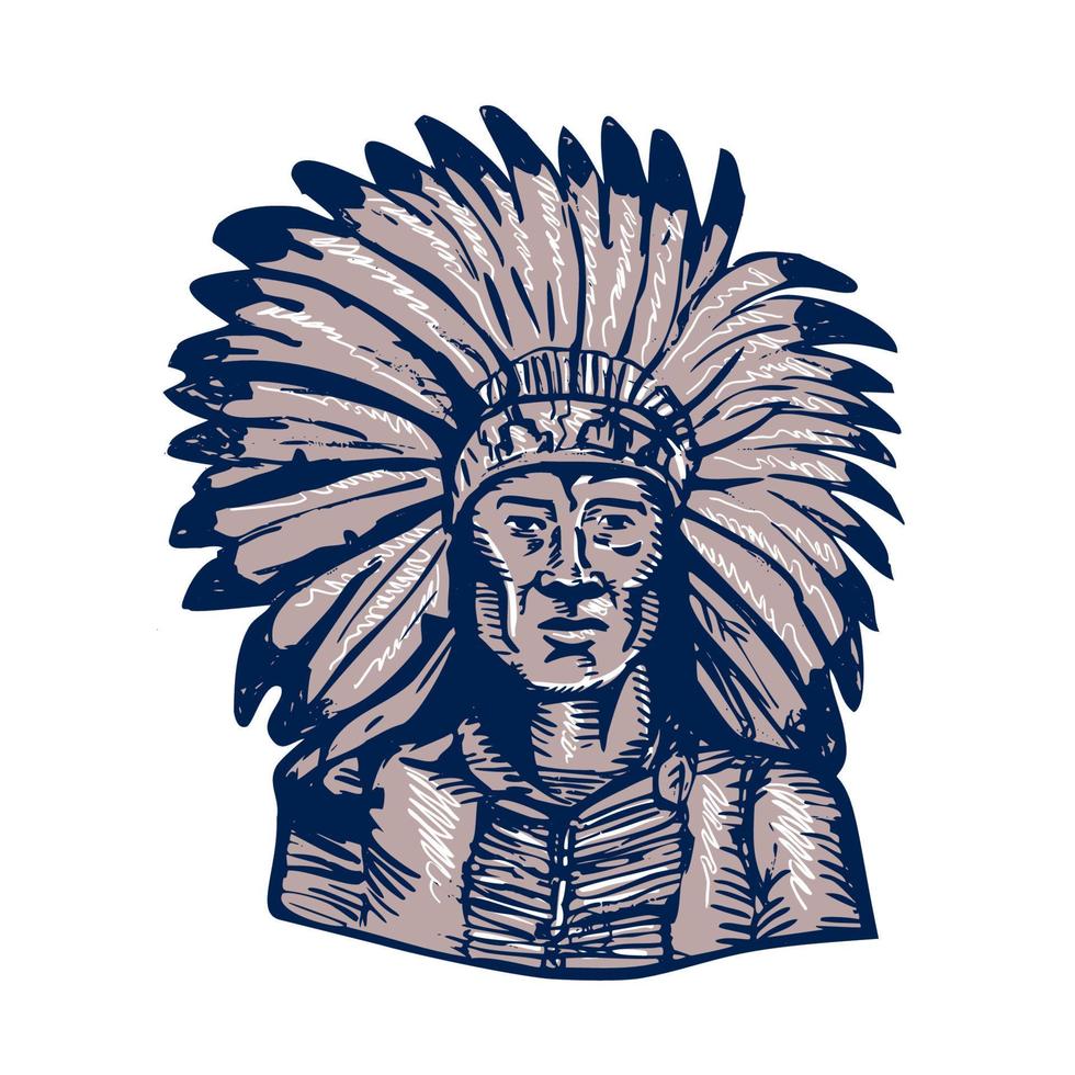 Native American Indian Chief Warrior Etching vector