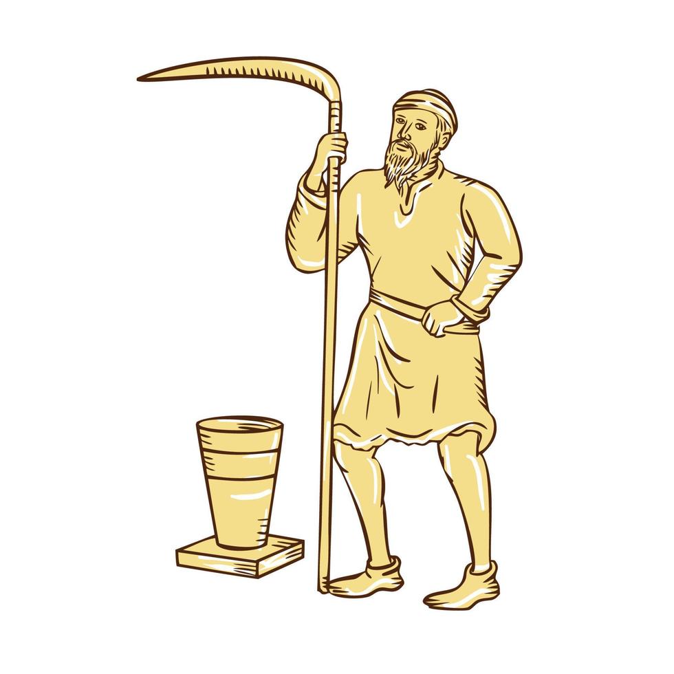 Medieval Farmer Holding Scythe Etching vector