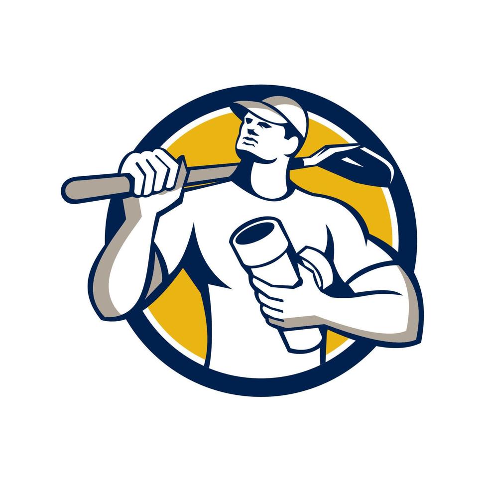 Drainlayer Holding Pipe Shovel Circle Retro vector
