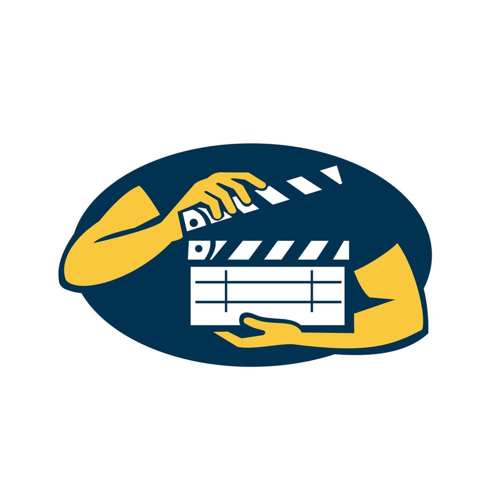 Hand Holding Movie Clapboard Oval Retro vector