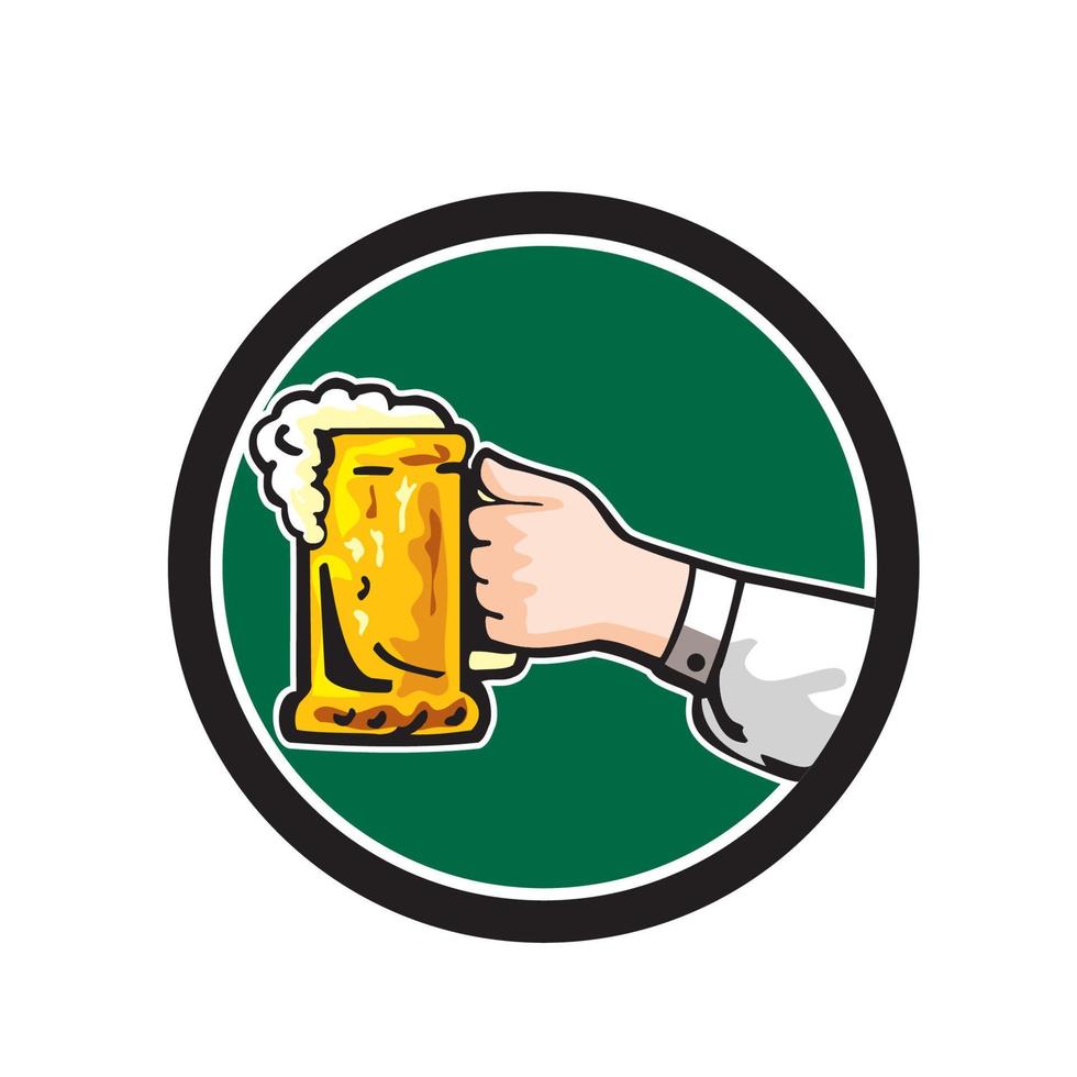 mano sujetando jarra cerveza círculo retro vector