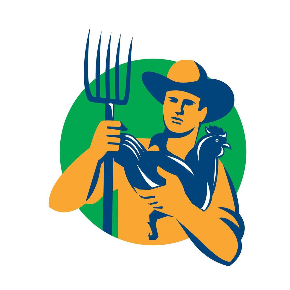 Organic Farmer Pitchfork Chicken Retro vector