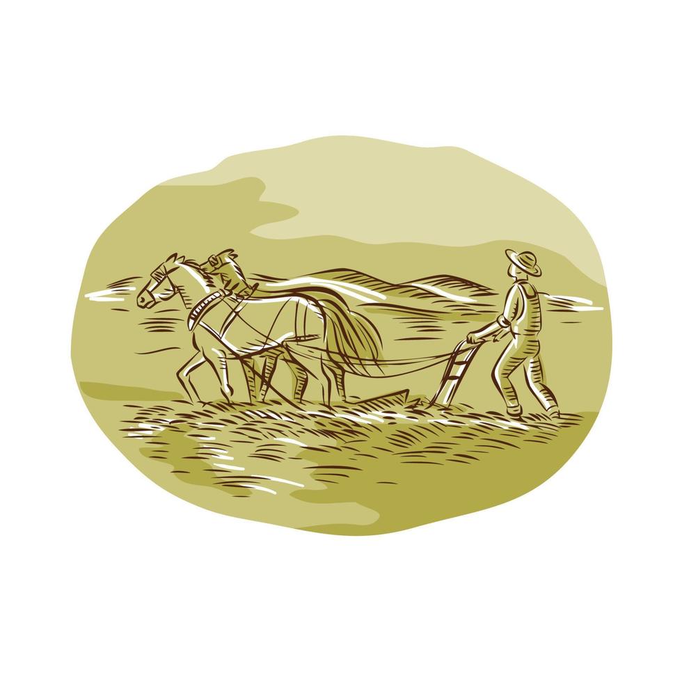 Farmer and Horses Plowing Field Oval Etching vector