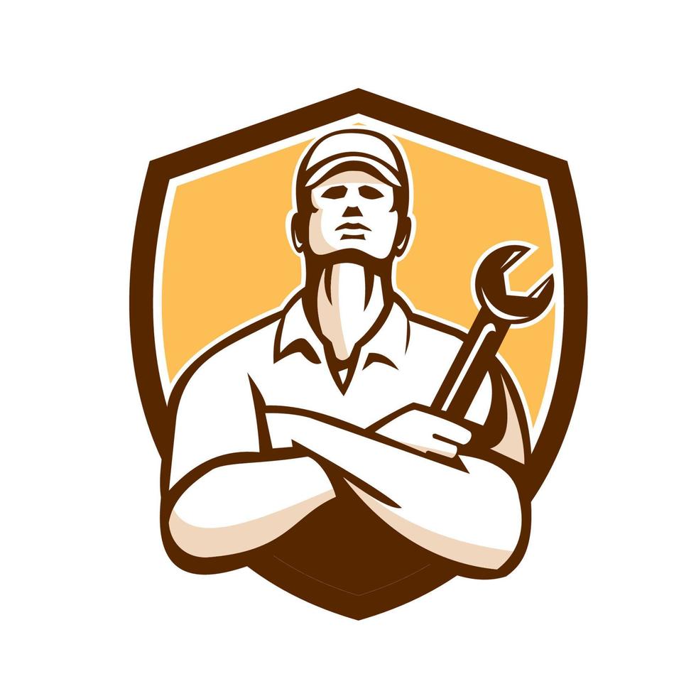 Mechanic Arms Crossed Wrench Shield Retro vector